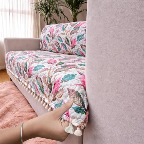 Image of Homerz Premium Printed Quilted Velvet Sofa Slip Cover Protector with Tassels, Sofa Mat, Exact Size, Antislip Cover (Multileaf, 6 (3+2+1) Seater, Full)