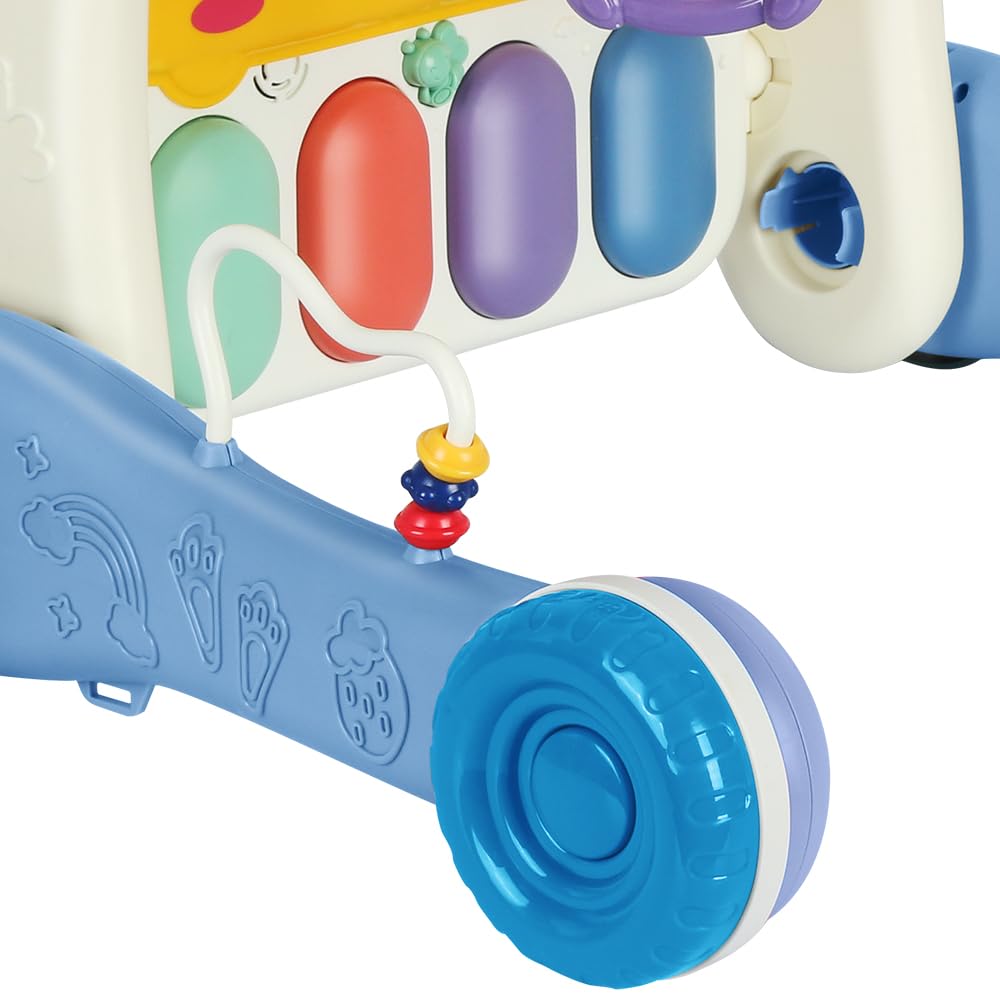 4 in 1 Carrello da passeggio per bambino con tappeto di risveglio, per ragazzo e ragazza, girello da passeggio con lavagnetta staccabile giocattolo per neonati (blu)