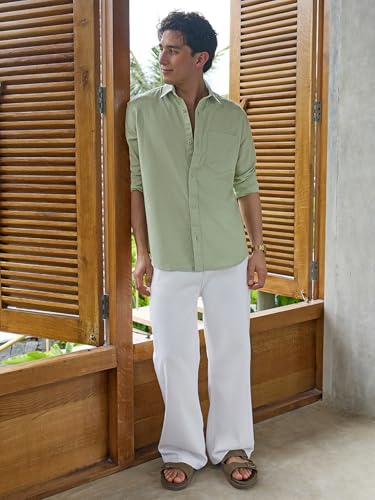 Image of Bewakoof Mens Solid Regular Fit Full Sleeve Collar Cotton Linen Blend Shirt