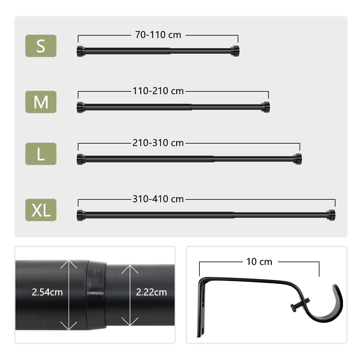 Asta Per Tende Telescopica Regolabile In Metallo Nero Opaco – 310-410 Cm – Con Staffe E Terminali - 2