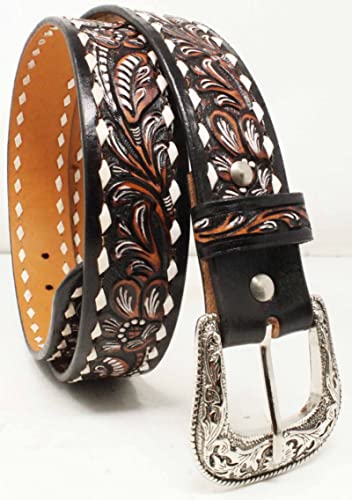CHALLENGER 27-28 Western 1 1/2" Wide Rodeo Floral Tooled Buckstitch Brown Leather Belt 26FK082