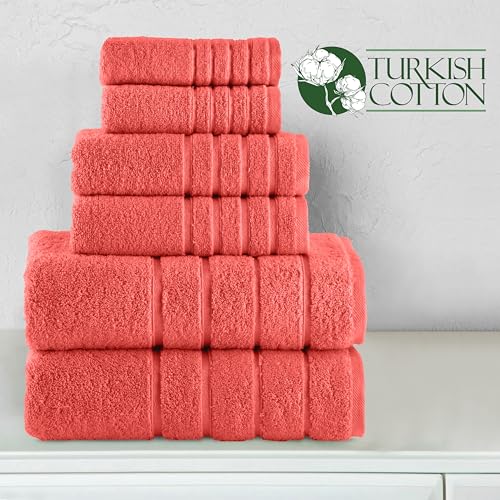 Image of Elegant Comfort 4 Lines Viscose Stripe 6-Piece Premium Towel Set - 100% Turkish Cotton High Absorbent Luxury Bathroom Towels - Includes 2 Washcloths, 2 Hand Towels and 2 Bath Towels Set, Coral