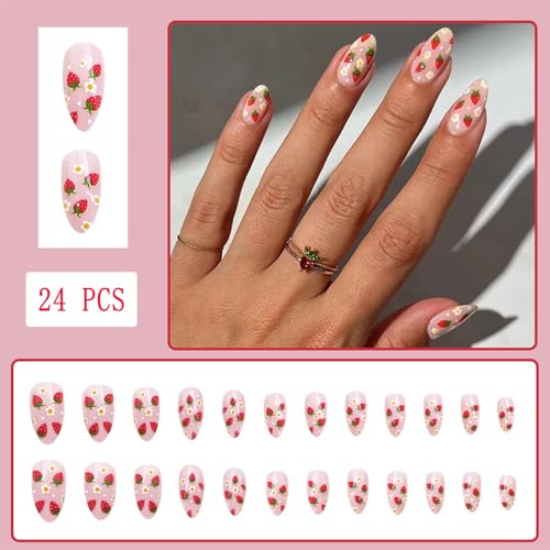 Strawberry Flower Press-On Nails - Glossy Summer Design