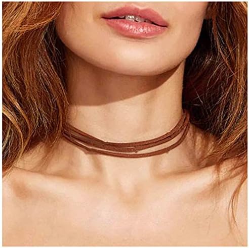 Yheakne Boho Layered Leather Choker Necklace Brown Suede Choker Necklace Short Velvet Necklaces Punk Vintage Necklace Jewelry for Women and Teen Girls (Brown)