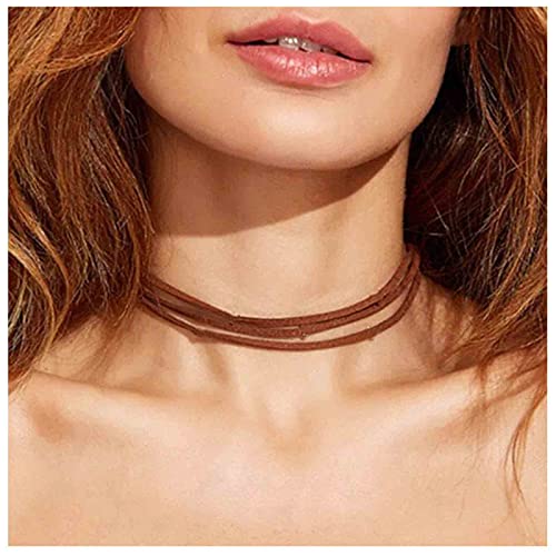 Boho Layered Leather Choker Necklace Brown Suede Choker Necklace Short Velvet Necklaces Punk Vintage Necklace Jewelry for Women (Brown)