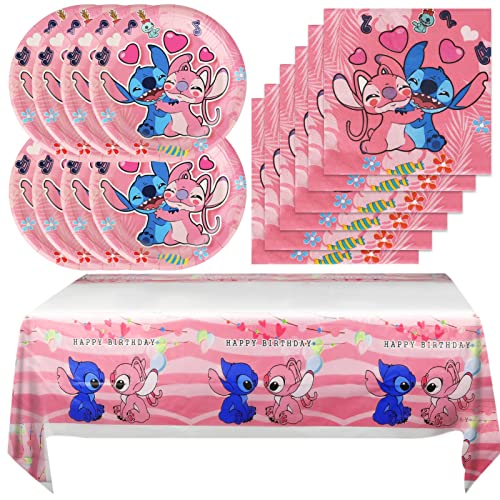 41Pcs Pink Lilo and Stitch Birthday Party Supplies20 Party Plates 20 Napkins 1 Tablecover for Pink Lilo and Stitch Birthday