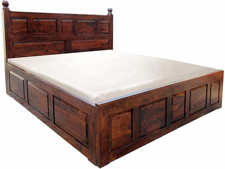 Image of Sheesham Wood King Size Bed with Storage Box | Wooden Box Bed King Size Double Cot Bed with Storage for Bedroom | Premium Lattu Design Headboard Bed for Hotel, Home | Dark Red Mogin