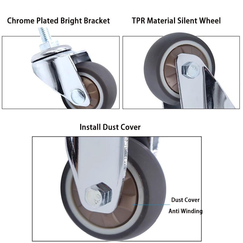 4 Pezzi TPR Ruote in Gomma, 3 Pollice Ruote Pivottanti, M12 Stelo Filettato Ruote con Freni per Carrelli, Mobiletti, Mobili(Swivel)