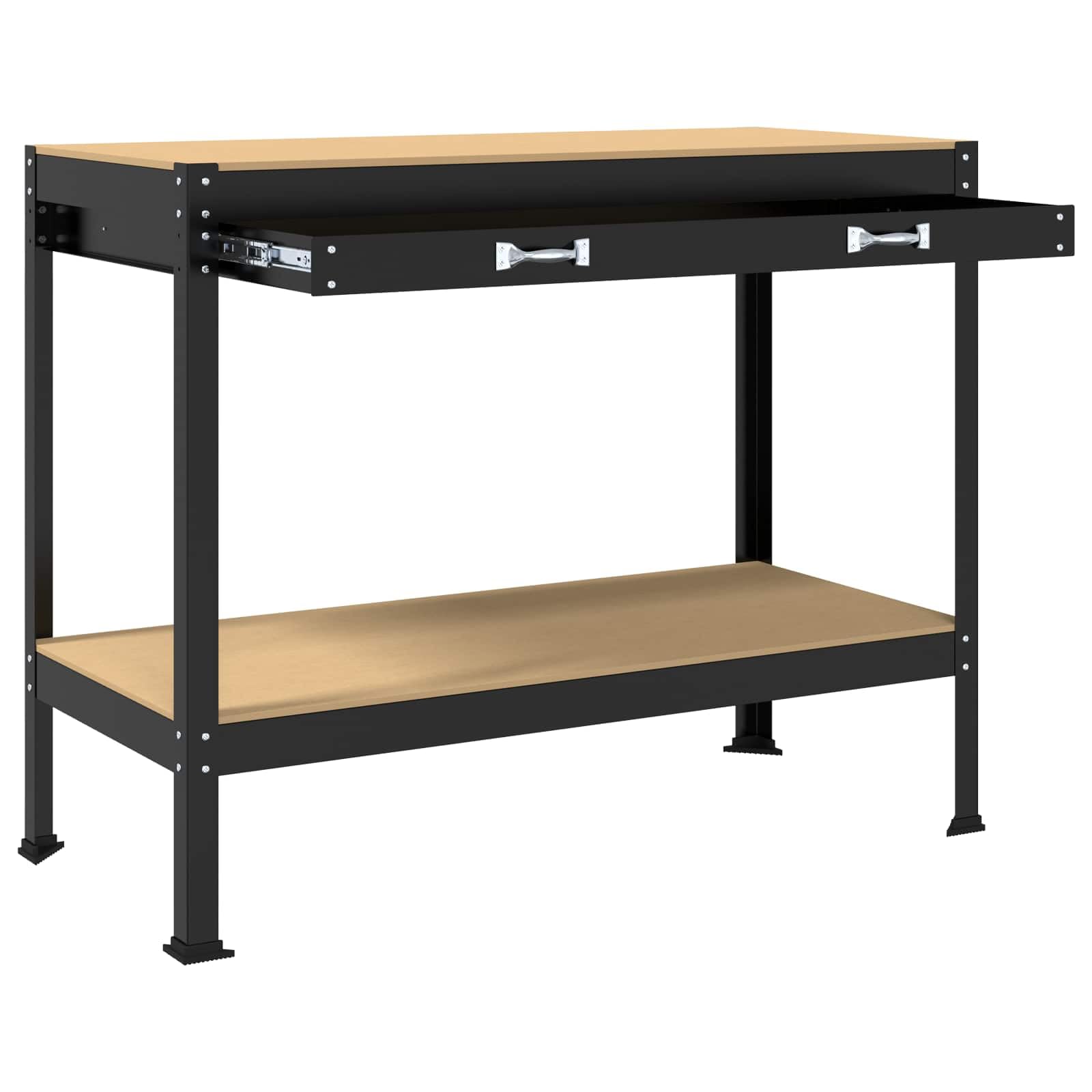 Banco de trabajo negro 114 x 54 x 91 cm de madera contrachapada y metal con cajón, pared perforada y estantes para taller, garaje y sala de ocio