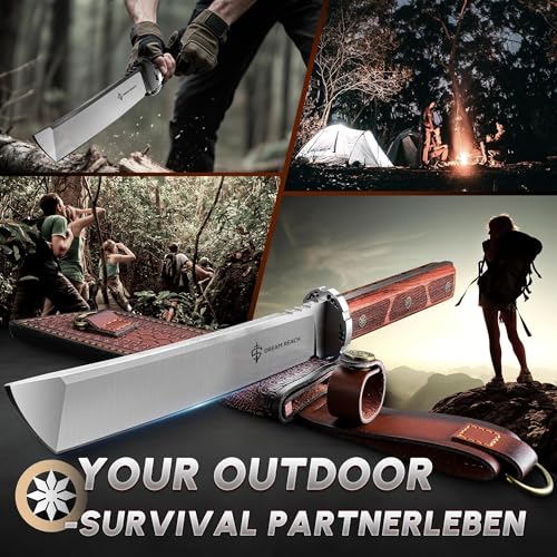 Image of Dream Reach Japanese Tanto Knife, Fixed Blade Knife with Leather Sheath for Back, Survival Knives with Wood Handle, Samurai Knives for Camping Outdoor, Collection Gift for Men