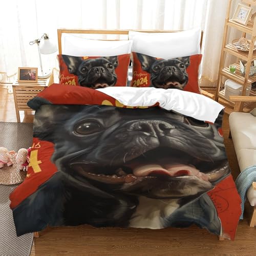 Housse de couette Bouledogue Français microfibre fermeture éclair 3D