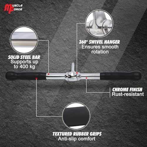 Image of Straight Bar Cable Attachment 20inch - Chrome Rotating Tricep Bar Cable Attachment with Non-Slip Handles - Tricep Pull Down Bar - Gym Accessories for Biceps, Triceps & Back Workouts