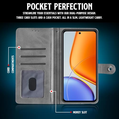 Image of WOW IMAGINE Shock Proof Flip Cover Back Case for Vivo T4x 5G | iQoo Z10x 5G | Vivo Y31 Pro 5G (Magnetic Button Flip Case | Wallet Pockets & Stand | Leather Finish | Stone Grey)