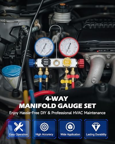 Image of OMT 4 Way AC Diagnostic Manifold Gauge Kit for R134A R410A R22, 5ft Hoses | Includes R134a Couplers Self-Sealing Piercing Can Taps R410a & 29 Adapter ; Solid Brass Build; Ideal for Auto Freon Recharge