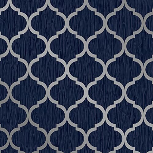 Trellis Geometric Wallpaper Glitter Metallic Textured Blue Silver