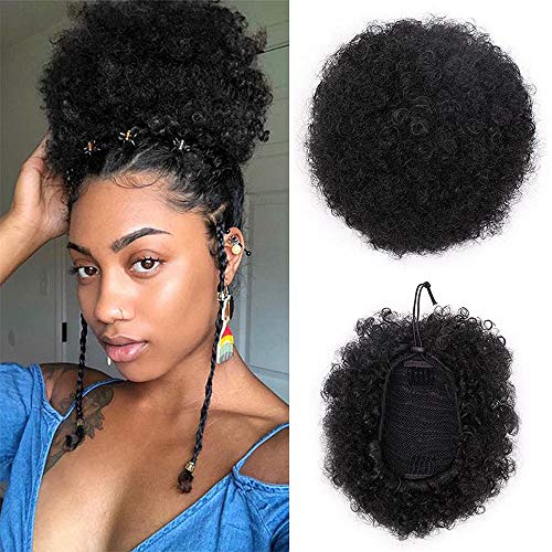 BARRICI Synthetic High Puff Afro Ponytail Drawstring Afro Buns Hair Piece Short Afro Kinky Hair Extension Puff Ponytail Wrap Updo Hair Extensions with 2 Clips (BLACK-1#)