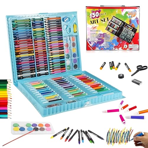 Image of WISHKEY 150 Pieces Art Set for Kids with Case, Art and Craft Supplies Kit for Drawing and Painting, Color Set with Markers, Water Colors, Brush, Color Pencils, Crayons (Pack of 1, Blue)