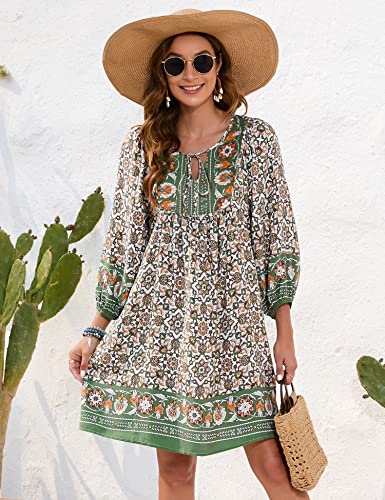 Image of Bluetime Women Casual Summer Dress Boho V Neck 3 /4 Sleeve Babydoll Floral Print Flowy Beach Dress