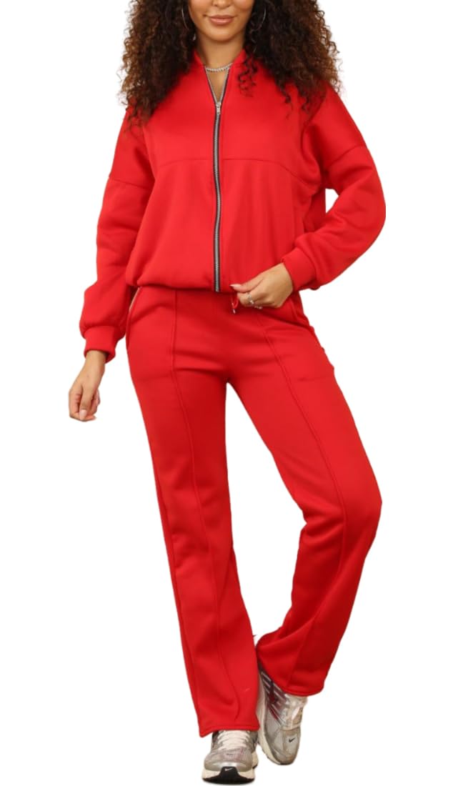 FAIRY TRENDZ Womens Fleece Loungewear Bomber Zipper Jacket Tracksuit Ladies Long Sleeve 2piece Lightweight Tops And Trouser Set