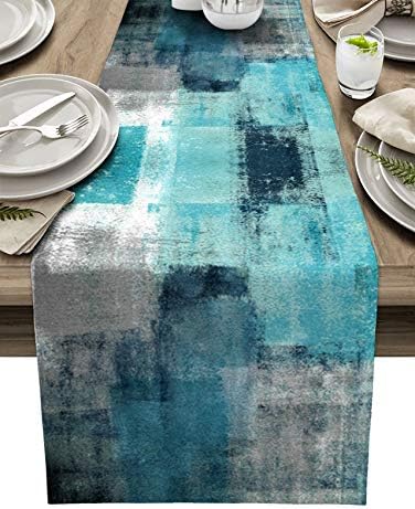 Bingigo Turquoise Table Runner 36 inches Long Small Teal and Grey Abstract Art Modern Contemporary Coffee Table Runners for Farmhouse Kitchen Dining Table, Holiday Parties Dinner Decor 13x36in
