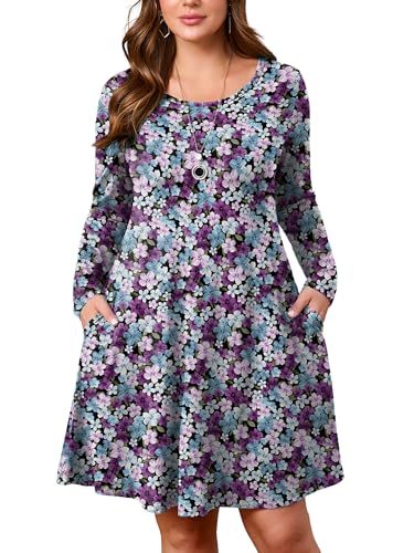 Image of AusLook Women's Plus Midi Dress Long Sleeve Crew Neck A-Line Swing Flowy Vacation Fall Wedding Guest Dresses with Pocket 1-5X