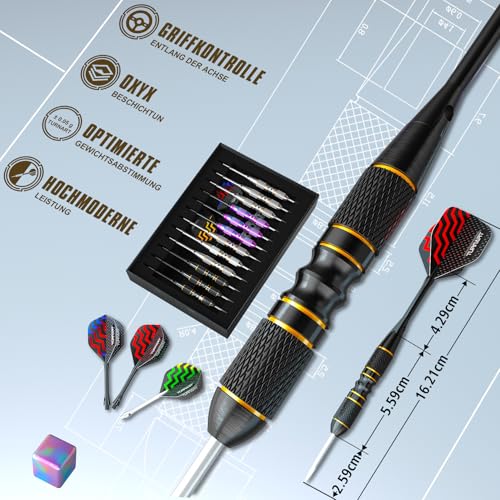 Turnart Dartpfeile mit Metallspitze, 12 Stück Profi Steeldarts mit Dart Case