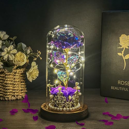 Hemiro Rosa eterna en cristal, regalo para el día de la madre para mamá, rosa en cristal con LED en una cúpula de cristal, regalos para mujeres, mamá, abuela, novia (morado)