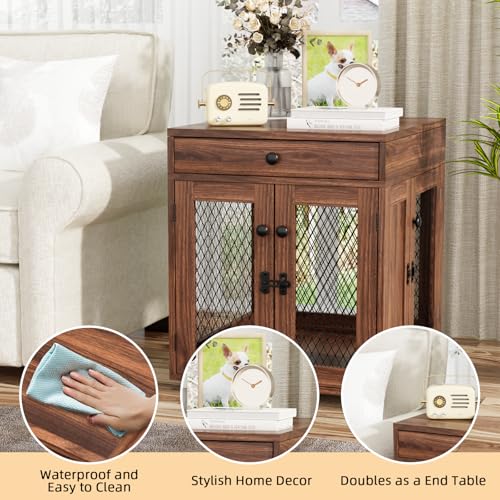 VOWNER Hundekäfig Möbel Indoor, 3 Türen Holz Hundebox mit Schublade, Moderne Hundehütte als Beistelltisch, 51 x 60 x 62 cm für kleine Hunde Zuhause unter 20 kg, Walnussbraun