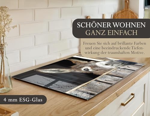 Herdabdeckplatte 60x52 cm ESG Glas | Lustiger Esel im Stall Bauernhof | Herd Abdeckung für Ceranfeld Schneidebrett Glasplatte Induktion
