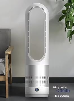 Generic Caram Air Bladeless Fan, 22 Tower Fan with Touch and Remote, Quiet Operation, 8 Speeds, Timer, 90 Oscillating, LED Display, Easy to Clean for Bedroom, Living Room, Office. (Silver + White)