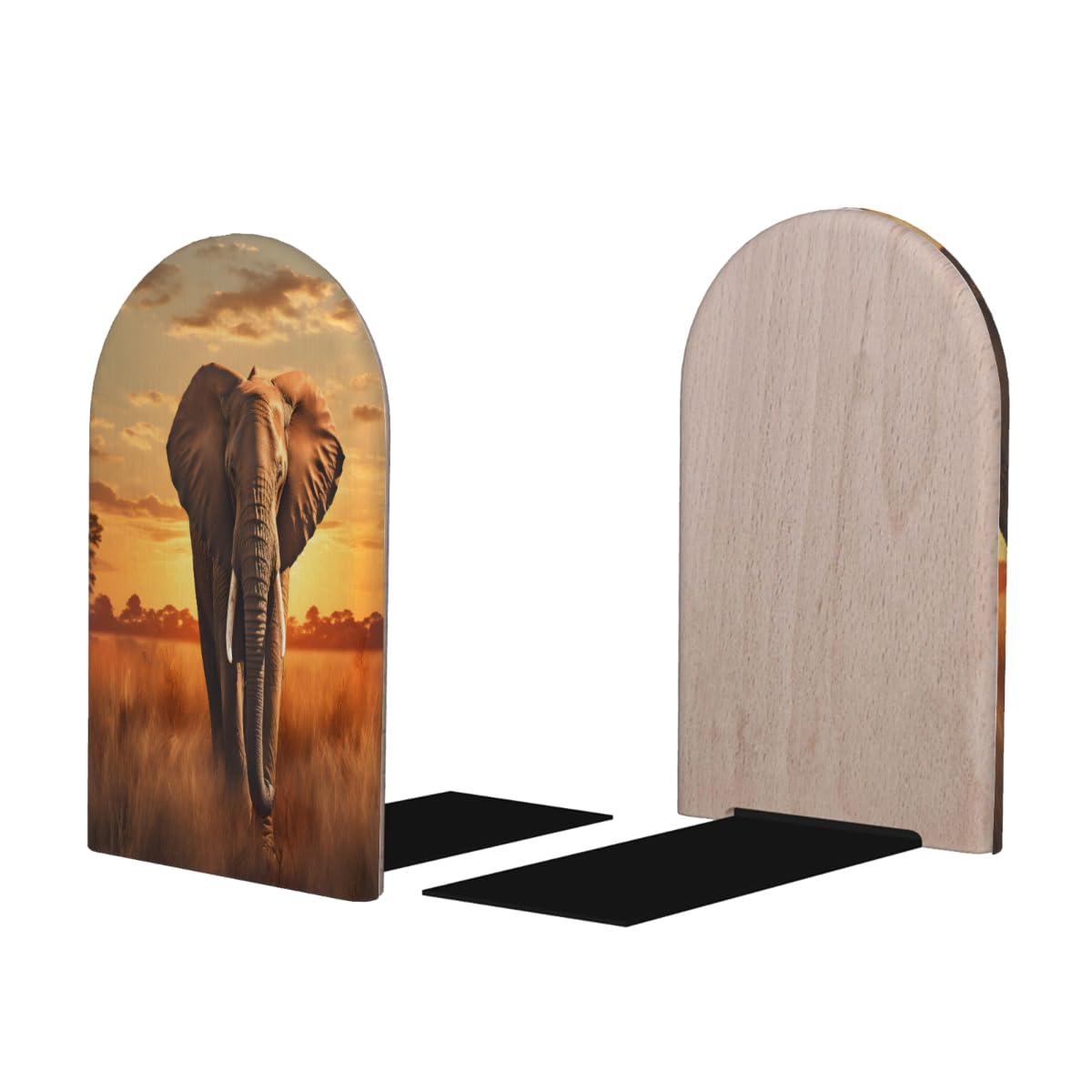 (2 PCS/1 Pairs) Wood Bookends Elephant Animal Grassland Decorative Wood Bookends for Shelves Kids Room Desk Home Office Book Stoppers for Holiding Books 5x3 Inch