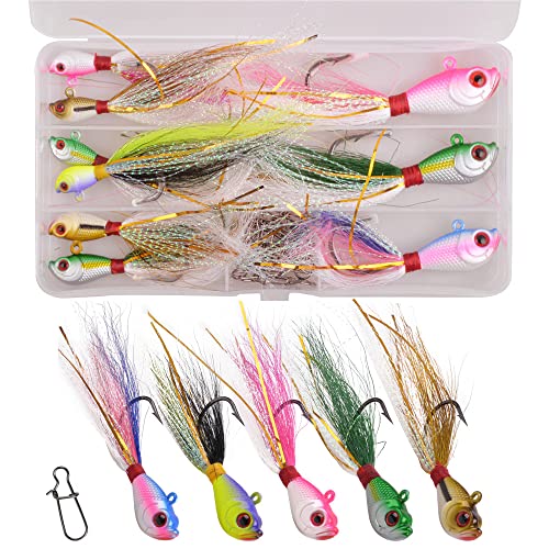 Bucktail Jigs Saltwater Fishing Jigs,9pcs Bucktail Lures Teaser Hooks Surf Fishing Jig Heads with Tail 20pcs Snaps for Saltwater Freshwater Bass Flounder Striper Bluefish Halibut Redfish