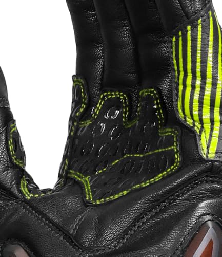 Image of Rynox Tornado Pro 5 Gloves | Semi-Gauntlet Motorcycle Riding Gloves with Carbon Fiber Protectors, Fast-R Palm Sliders | D3O Impact Foam and Touchscreen Compatibility - Black Hi Viz Green, Small