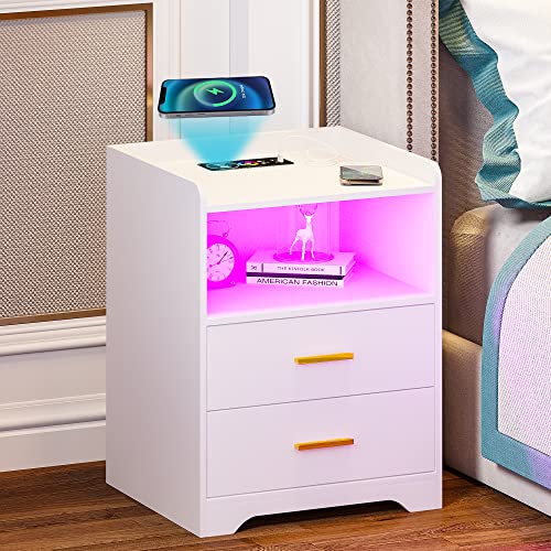 Gurexl RGB Nightstand with Wireless Charging Station and USB Ports Auto Sensor LED 24 Color Dimmable for Bedroom Furniture,Modern Bedside Table with Human Body Sensor Function and 2 Drawers