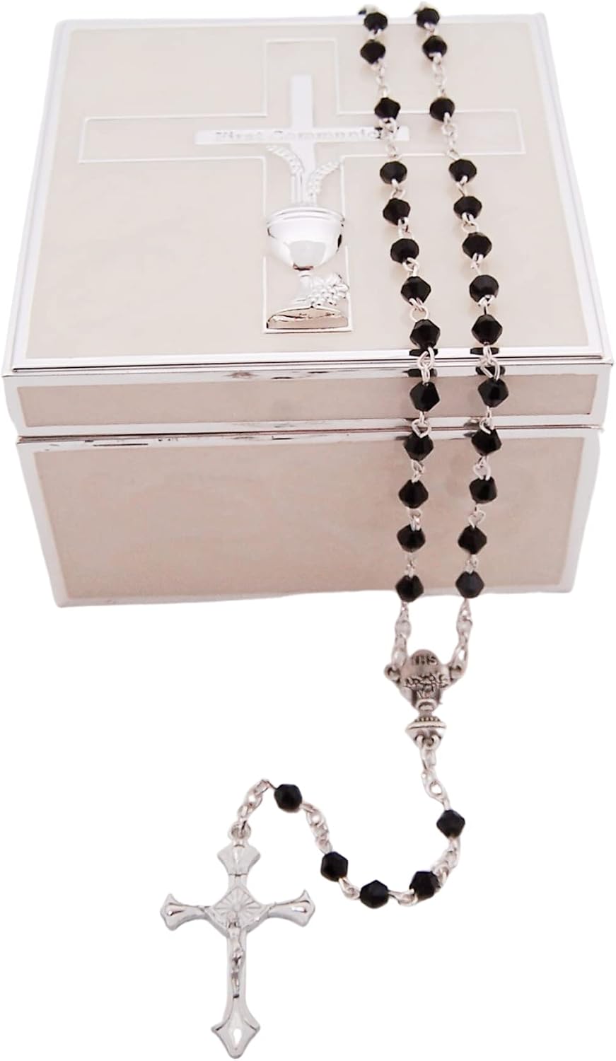 Wowser First Communion Jet Black Rosary with Ivory Keepsake Box, Sacramental Gift, 2.25 Inches