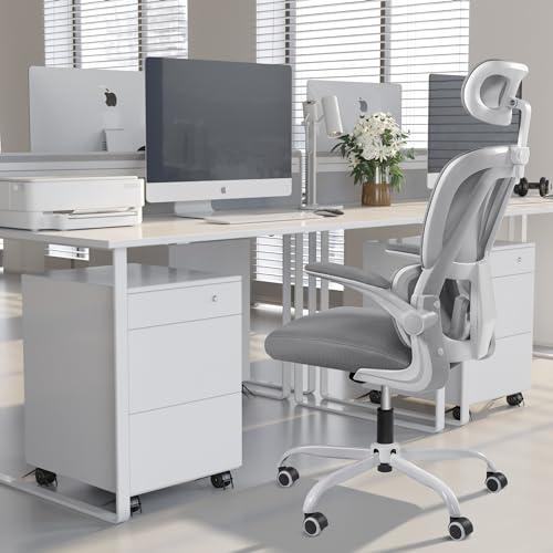 Image of JUMMICO Ergonomic Office Chair, High Back Desk Chair with Adjustable Headrest and Flip-Up Arms, Mesh Computer Chair with Lumbar Support, Gaming Chair, Swivel Task Chair for Home Office, White
