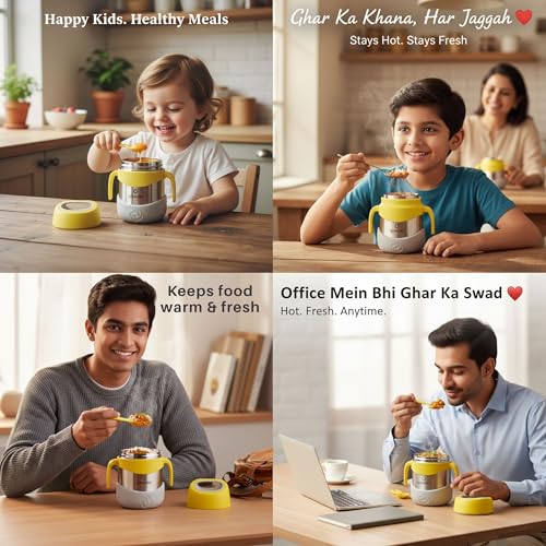 Image of Speedex Kids Insulated Food Jar 320ml Sunny Pop (Yellow), Stainless Steel Lunch Box with Handle & Spork, Leak Proof BPA-Free Double Wall Vacuum Tiffin, Hot & Cold Food Container