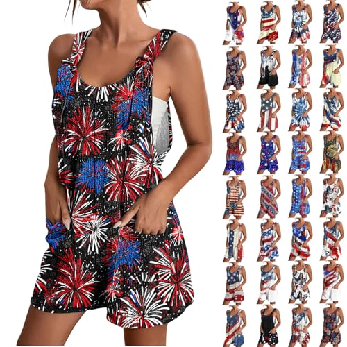4th of July Outfits for Women Summer Casual Rompers Overall Shorts Loose Sleeveless Patriotic Jumpsuits with Pockets
