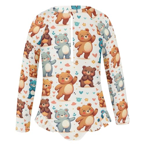 Cartoon Bears with Heart Girls Long Sleeve Swimsuit Rash Guard One Piece Bathing Suits Zipper 3-12T2