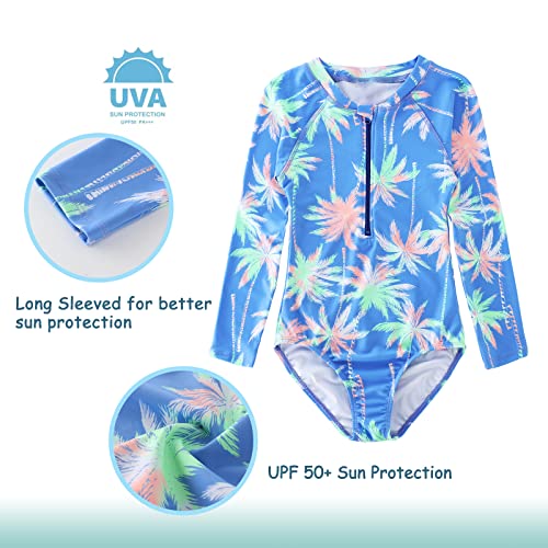 Image of Girls One Piece Swimsuits Long Sleeve Rash Guard for Kids Girls Hawaiian Swim Shirts UPF 50+ Sun Protection