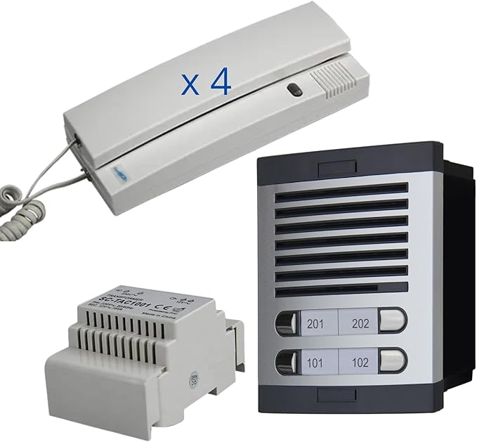 Portero Automático con Sistema de analogico 4+n, para comunidades Completo :Placa Calle,telefonillos Caja de empotrar y Fuente de alimentacion. gran calidad de fabricacion (4D viviendas)
