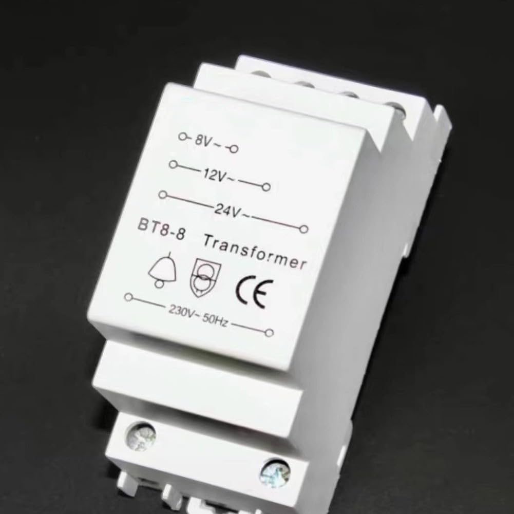 Transformateur de sonnette multi-tension 8 V 12 V 24 V, transformateur de sonnette de porte compatible avec sonnerie/carillon/porte intelligente, rail de guidage standard de 35 mm, fonctionnement