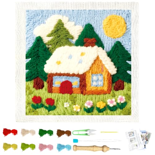 Image of BEUNITONE Forest House Punch Needle Kit for Adults Beginners, Complete Craft Kit with Needle, Frame, Yarn & Pattern, Create Wall Hanging, Christmas Wall Art Making 9.4 x 9.4 inch