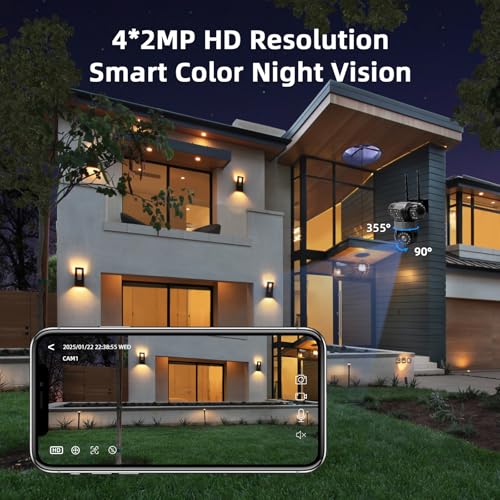 GUDFIDELIO 4-Lens Security Cameras Wireless Outdoor & Indoor, 8MP HD Image, 360° PTZ Coverage, WiFi App Remote, 2-Way Audio, Full Color Night Vision, AI Motion Detecting & Tracking