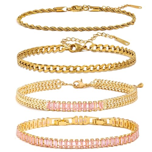 Bracelet tennis en or coloré lot de 4 pour femme | Bijoux réglables 5mm en acier