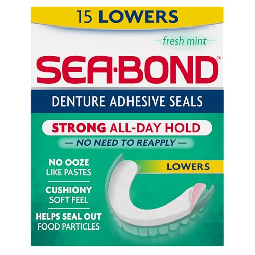 Sea Bond Secure Denture Adhesive Seals, Fresh Mint Lowers, Zinc-Free, All-Day Hold, Mess-Free, 15 Count