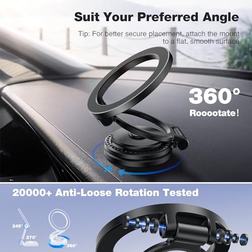 Image of GolbinBox Car Phone Holder for MagSafe [360Rotation] Metal Design iPhone Car Mount,Folding Car Mount [Detachable Base] Strong Magnetic Phone Holder for Car Dash,for iPhone 17 16 15 14 Pro Max, Black