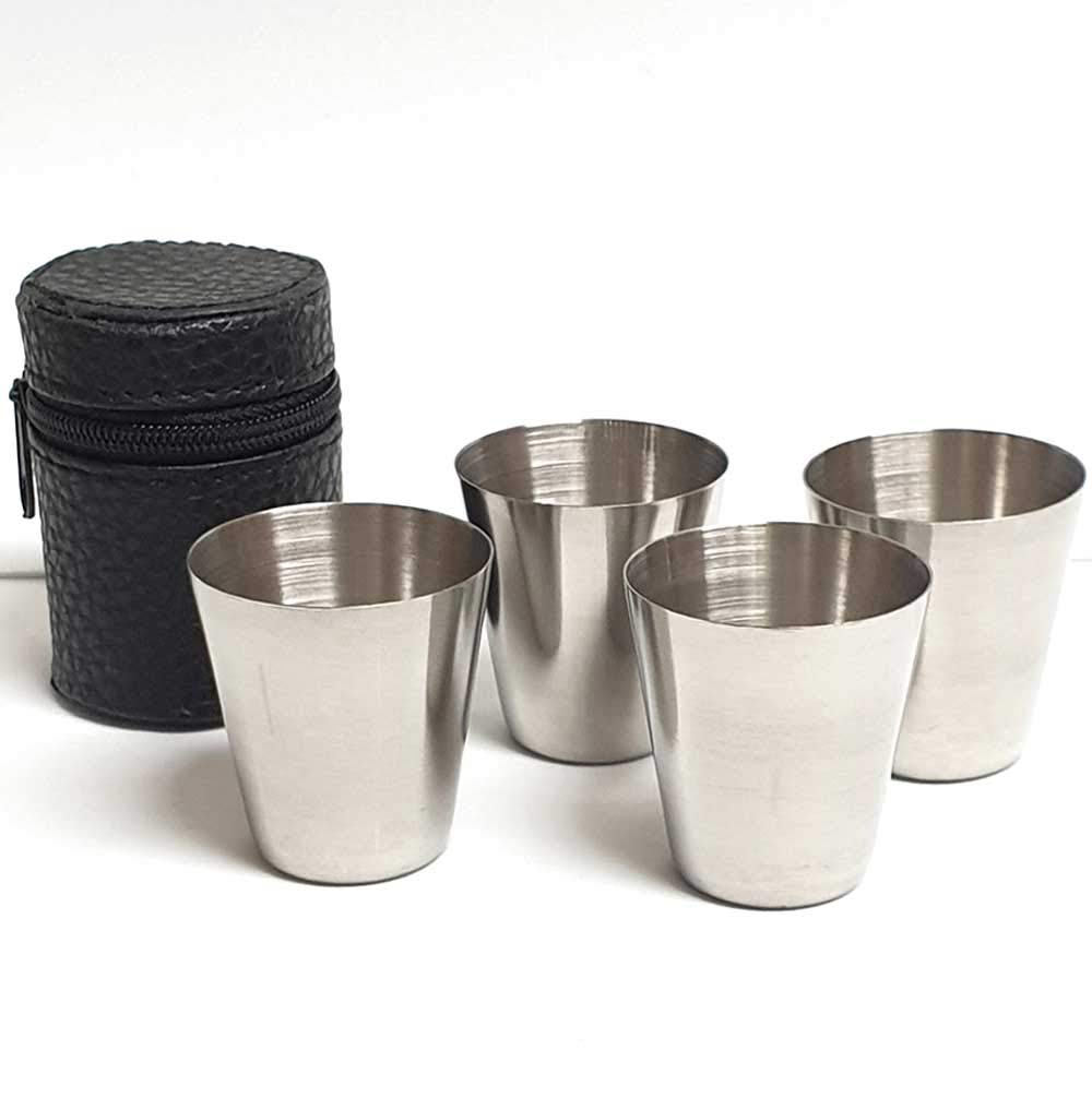 Lot de 20 sets de 4 verres à shot en acier inoxydable avec étui de transport en cuir noir