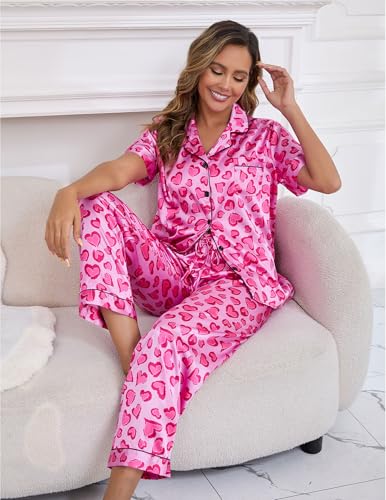 Image of UMBY Silk Satin Pajamas for Women Set 2 Piece button down Soft Silk Pjs Sets Cozy Silky Pajama Short Sleeve