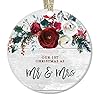 DIGIBUDDHA Rustic Mr Mrs Ornament First 1st Christmas Married Bridal Shower Gift Newlyweds Bride Groom Farmhouse Ceramic Keepsake Present 3 Flat Circle Porcelain with Gold Ribbon Free Box